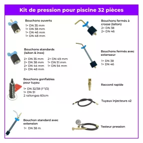 Kit pression piscine 32 pièces – Test d’étanchéité (DN 32–54)