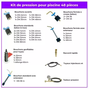 Kit de pression piscine 48 pièces — Test d’étanchéité pro